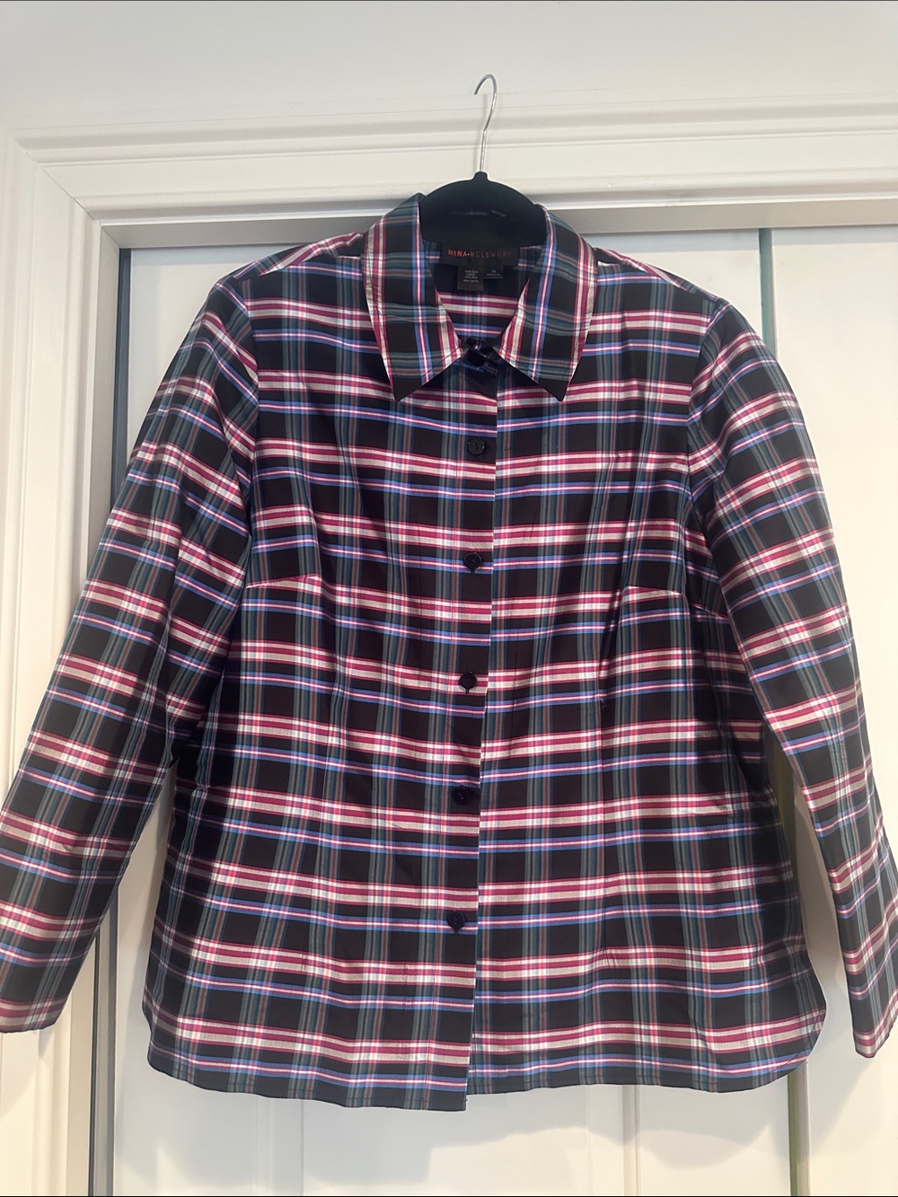 Nina Mclemore Plaid Button-Front Blazer Jacket in Pink & Black